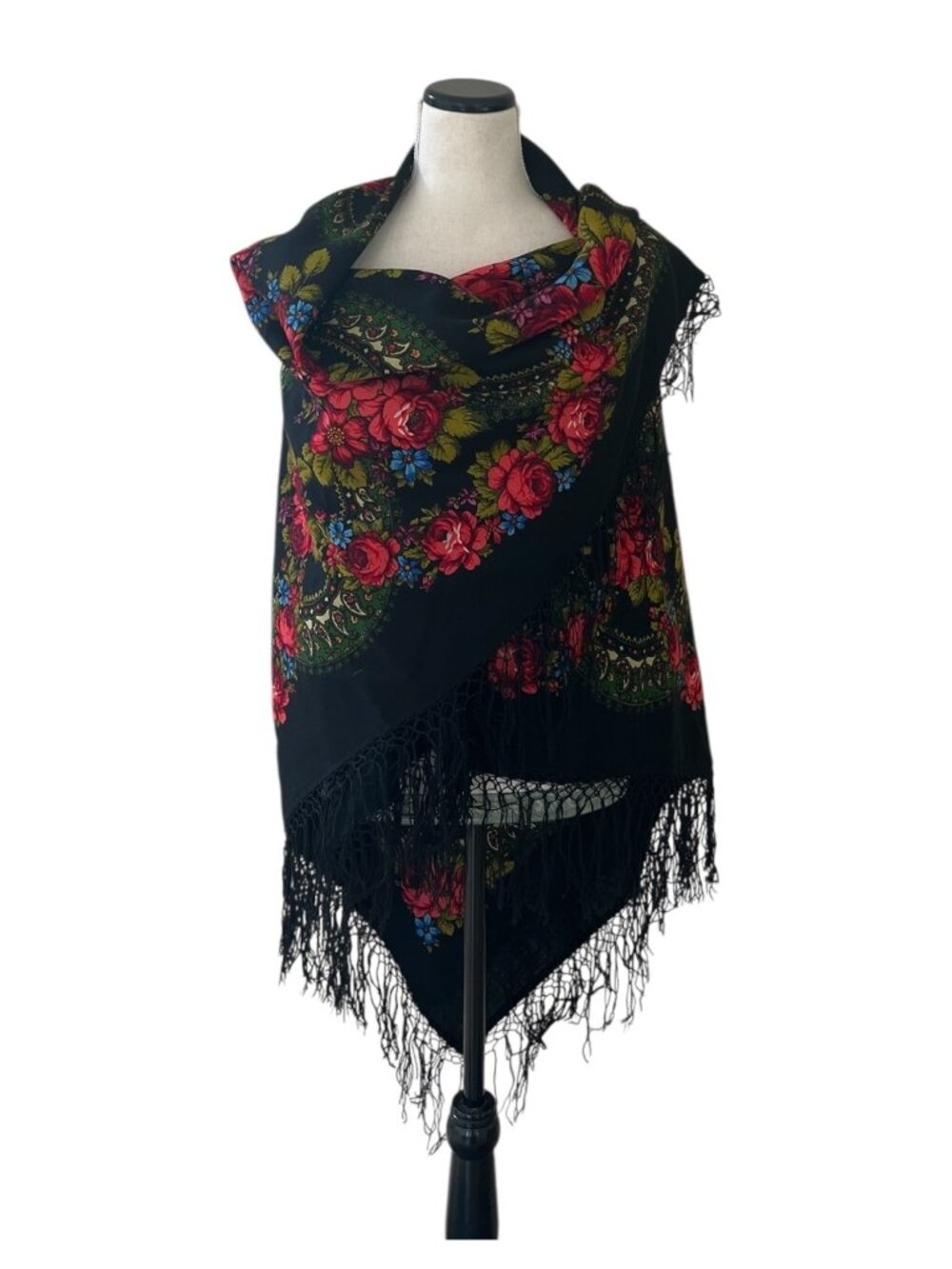 Vintage Pavlovo Posad Russian Wool Shawl, Black Red Floral Rose Folk Stole, USSR